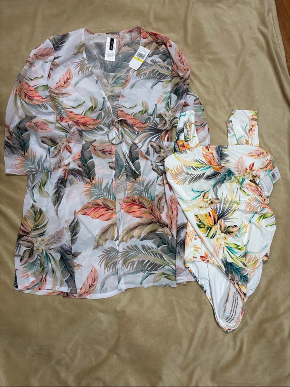 Jantzen Tropical Leaf Sheer Tunic and One-Piece Swimsuit - smooth tummy control